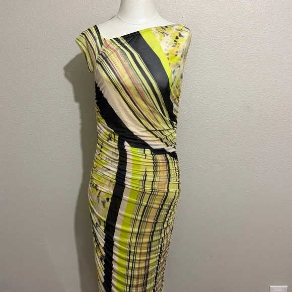 AFRM Biona Striped Ankle Length Bodycon Dress Asymmetrical Neck Ruched Mesh - Picture 4 of 10